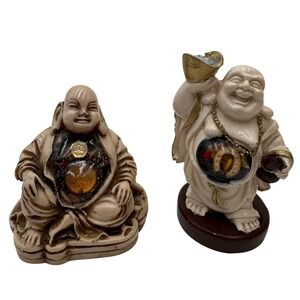 Vintage Happy Buddha Figurines 2pc Set Resin Lucite Inlay Good Luck Decor Molded